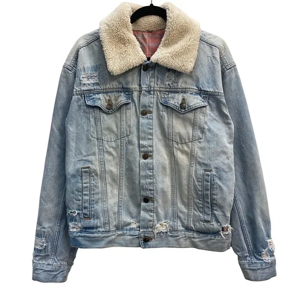 SOLD!!! Free People Denim Plaid Flannel Lined Jacket with Sherpa Collar Fan Fav - Picture 4 of 7